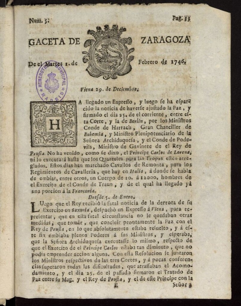 Miniatura de Gazeta de Zaragoza del 1 de febrero de 1746