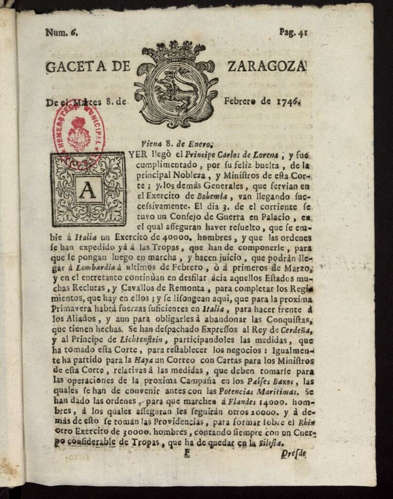 Miniatura de Gazeta de Zaragoza del 8 de febrero de 1746