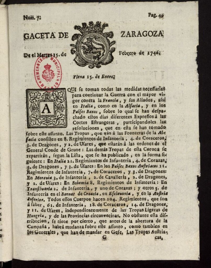 Miniatura de Gazeta de Zaragoza del 15 de febrero de 1746