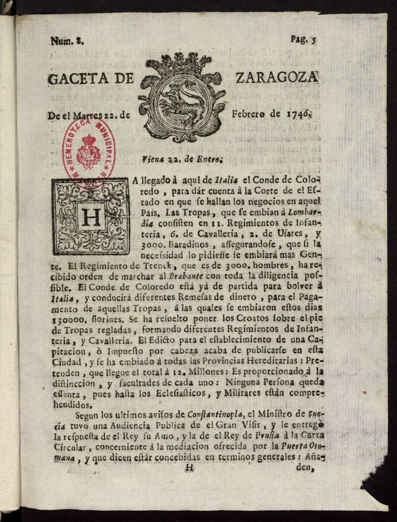 Miniatura de Gazeta de Zaragoza del 22 de febrero de 1746