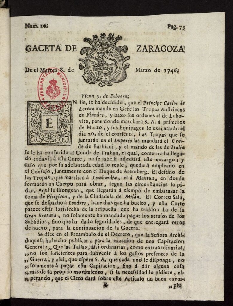 Miniatura de Gazeta de Zaragoza del 8 de marzo de 1746