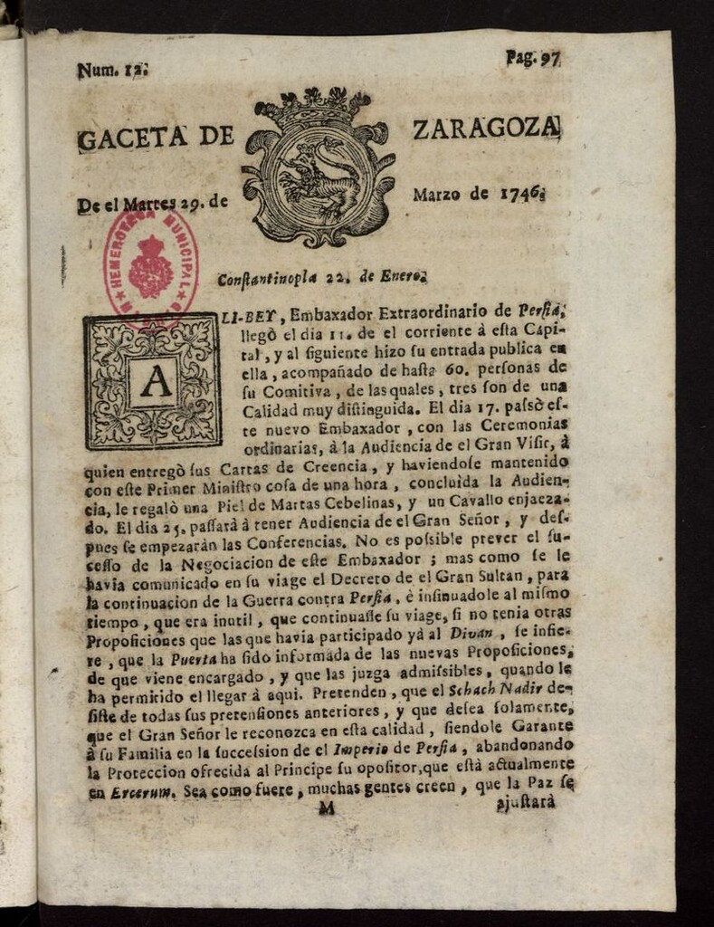 Miniatura de Gazeta de Zaragoza del 29 de marzo de 1746