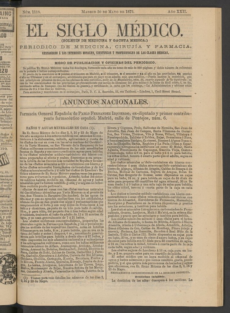 Miniatura de El Siglo Médico: boletín de medicina y gaceta médica del 30 de mayo de 1875