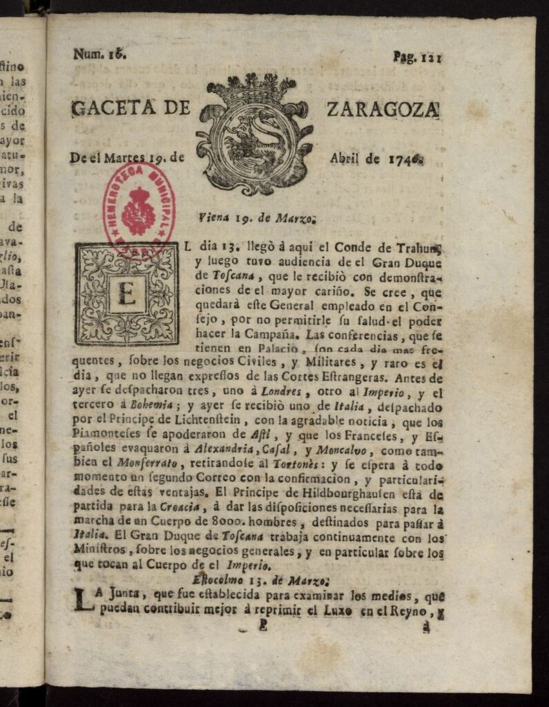 Miniatura de Gazeta de Zaragoza del 19 de abril de 1746