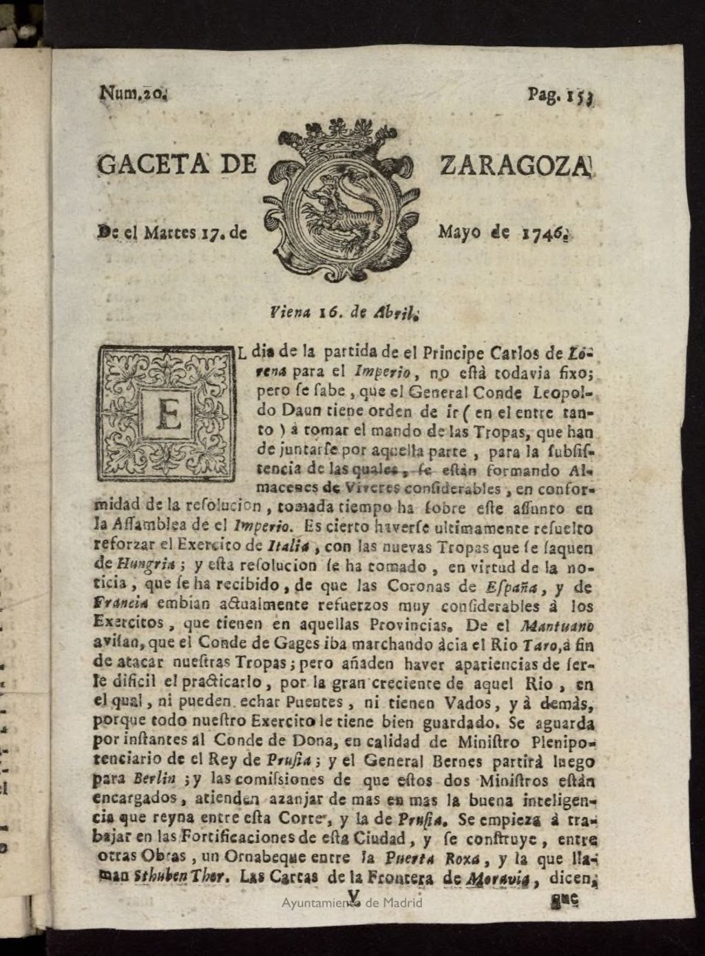 Miniatura de Gazeta de Zaragoza del 17 de mayo de 1746