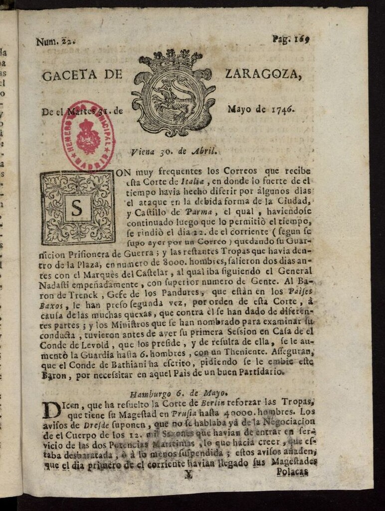 Miniatura de Gazeta de Zaragoza del 31 de mayo de 1746