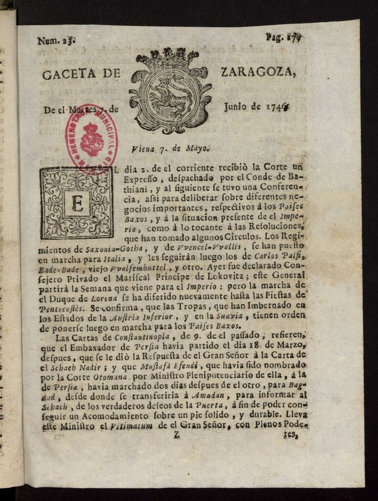 Miniatura de Gazeta de Zaragoza del 7 de junio de 1746