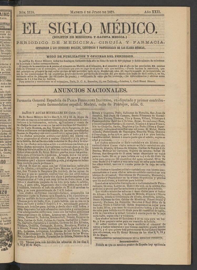 Miniatura de El Siglo Médico: boletín de medicina y gaceta médica del 6 de junio de 1875