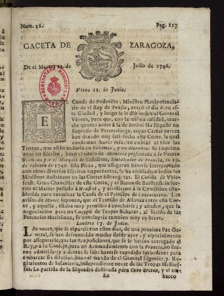 Miniatura de Gazeta de Zaragoza del 12 de julio de 1746