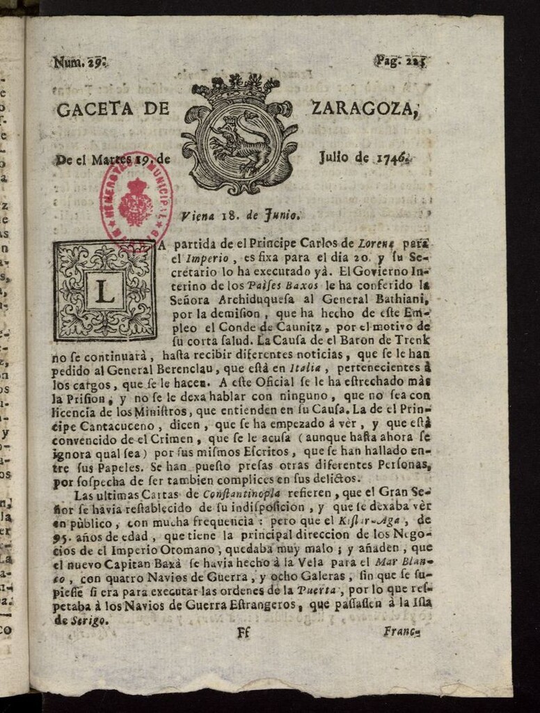 Miniatura de Gazeta de Zaragoza del 19 de julio de 1746