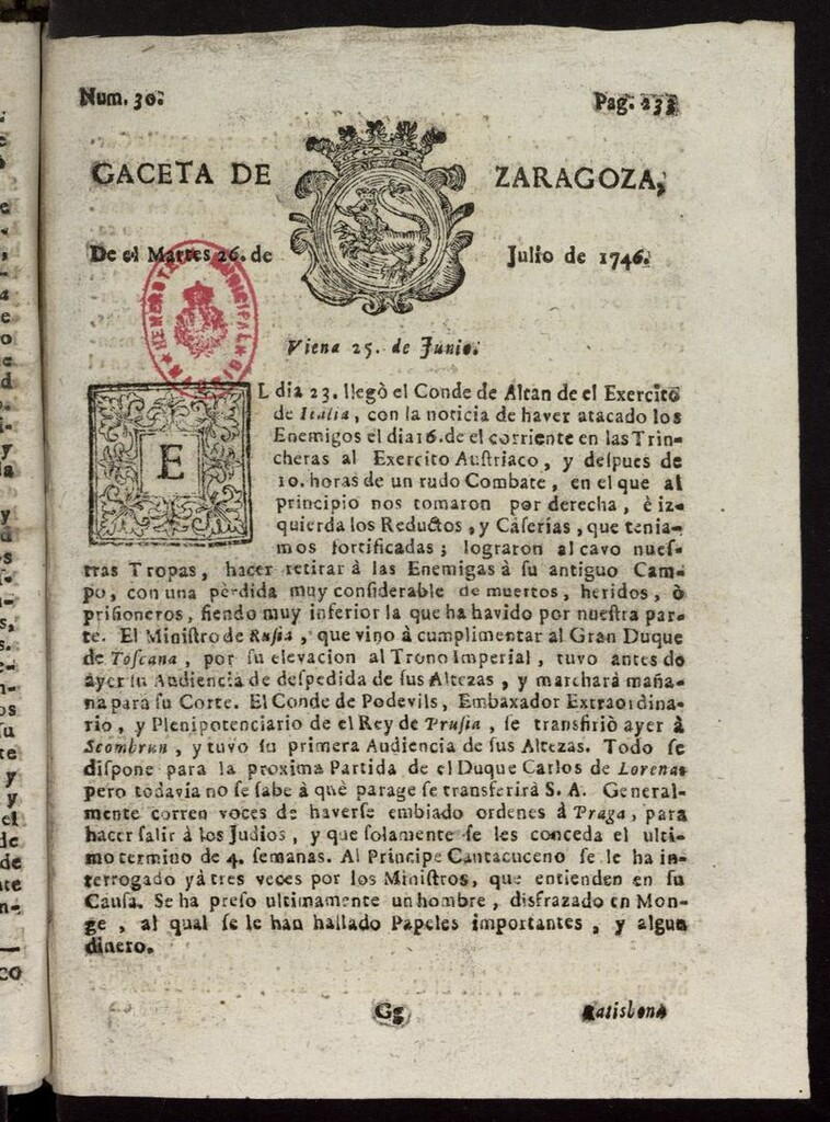 Miniatura de Gazeta de Zaragoza del 26 de julio de 1746
