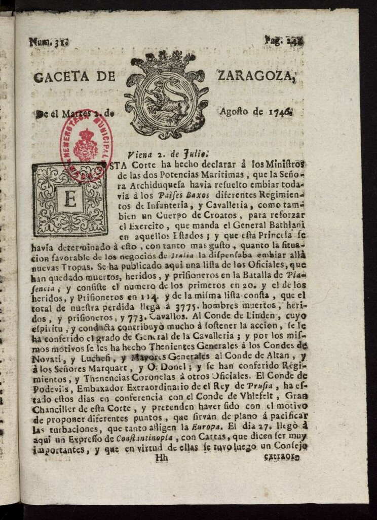 Miniatura de Gazeta de Zaragoza del 2 de agosto de 1746