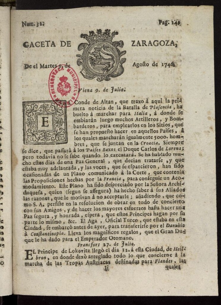 Miniatura de Gazeta de Zaragoza del 9 de agosto de 1746