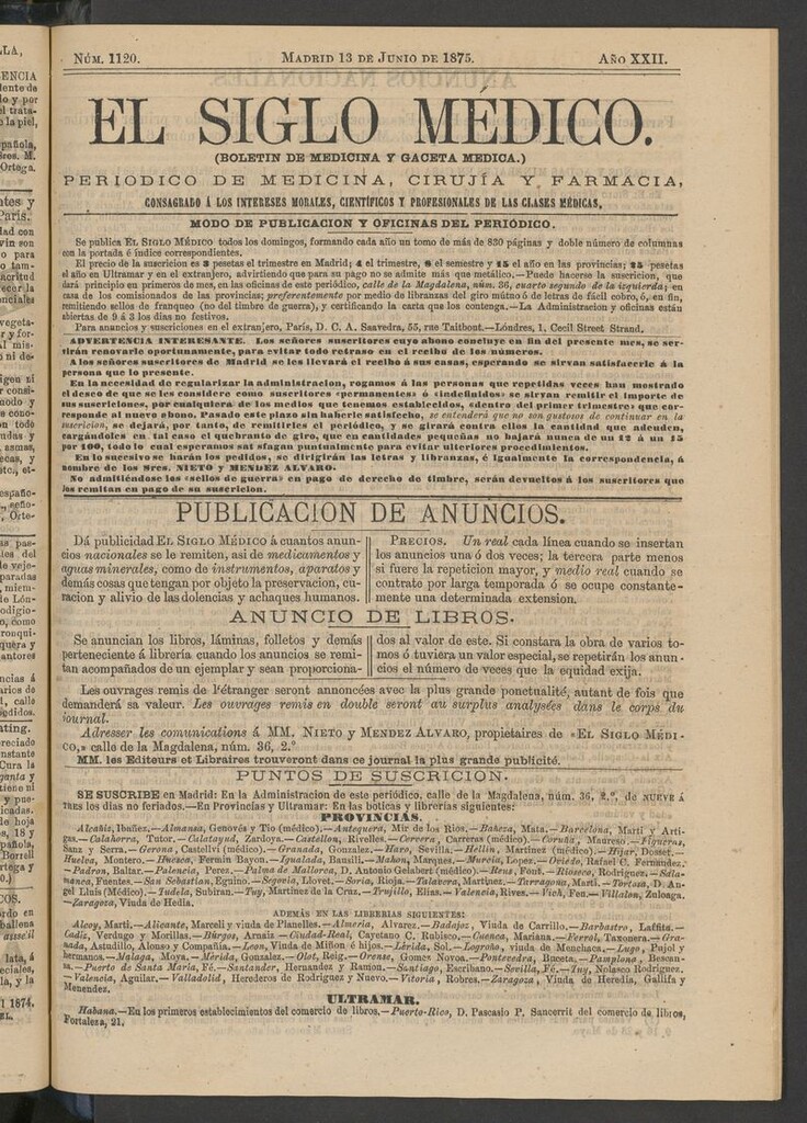 Miniatura de El Siglo Médico: boletín de medicina y gaceta médica del 13 de junio de 1875