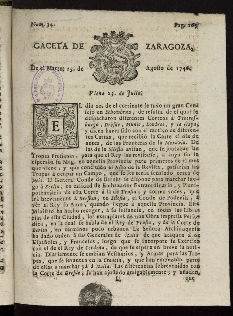 Miniatura de Gazeta de Zaragoza del 23 de agosto de 1746