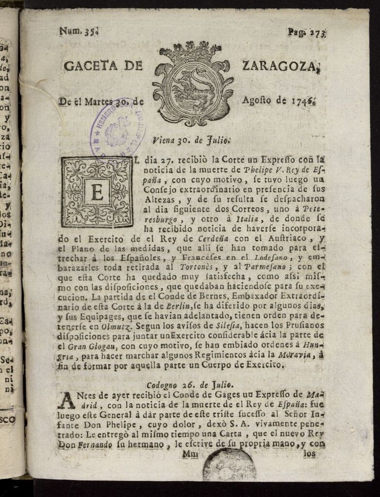 Miniatura de Gazeta de Zaragoza del 30 de agosto de 1746