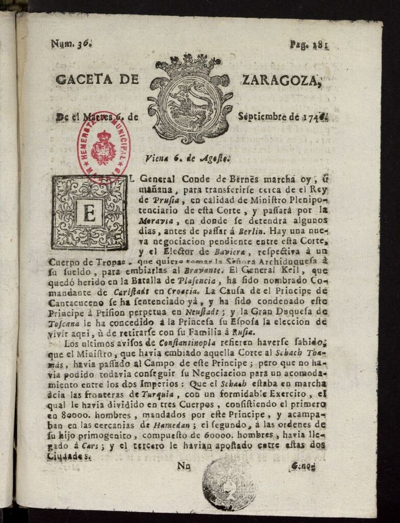 Miniatura de Gazeta de Zaragoza del 6 de septiembre de 1746