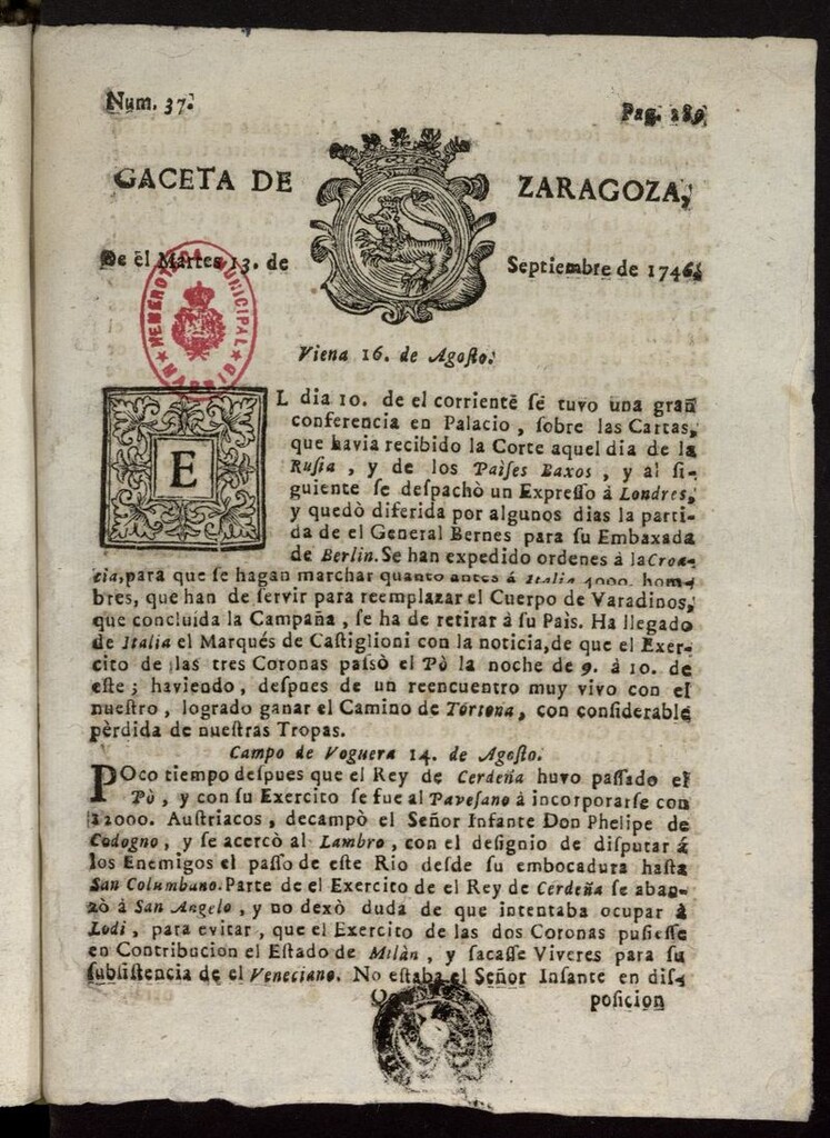 Miniatura de Gazeta de Zaragoza del 13 de septiembre de 1746