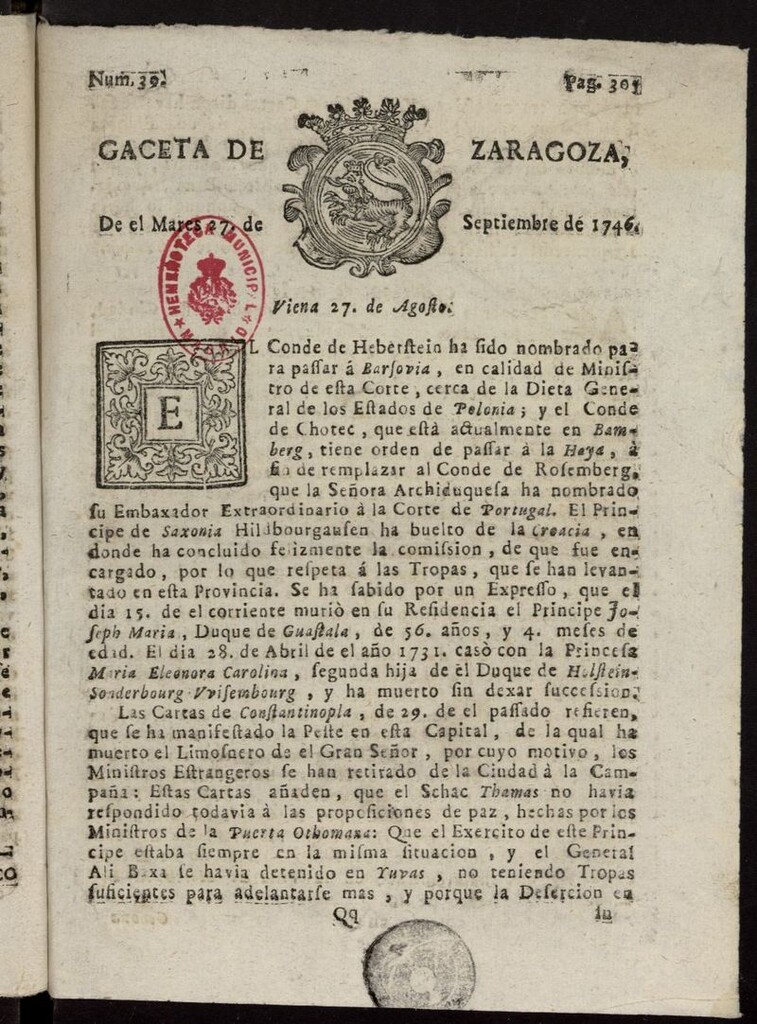 Miniatura de Gazeta de Zaragoza del 27 de septiembre de 1746