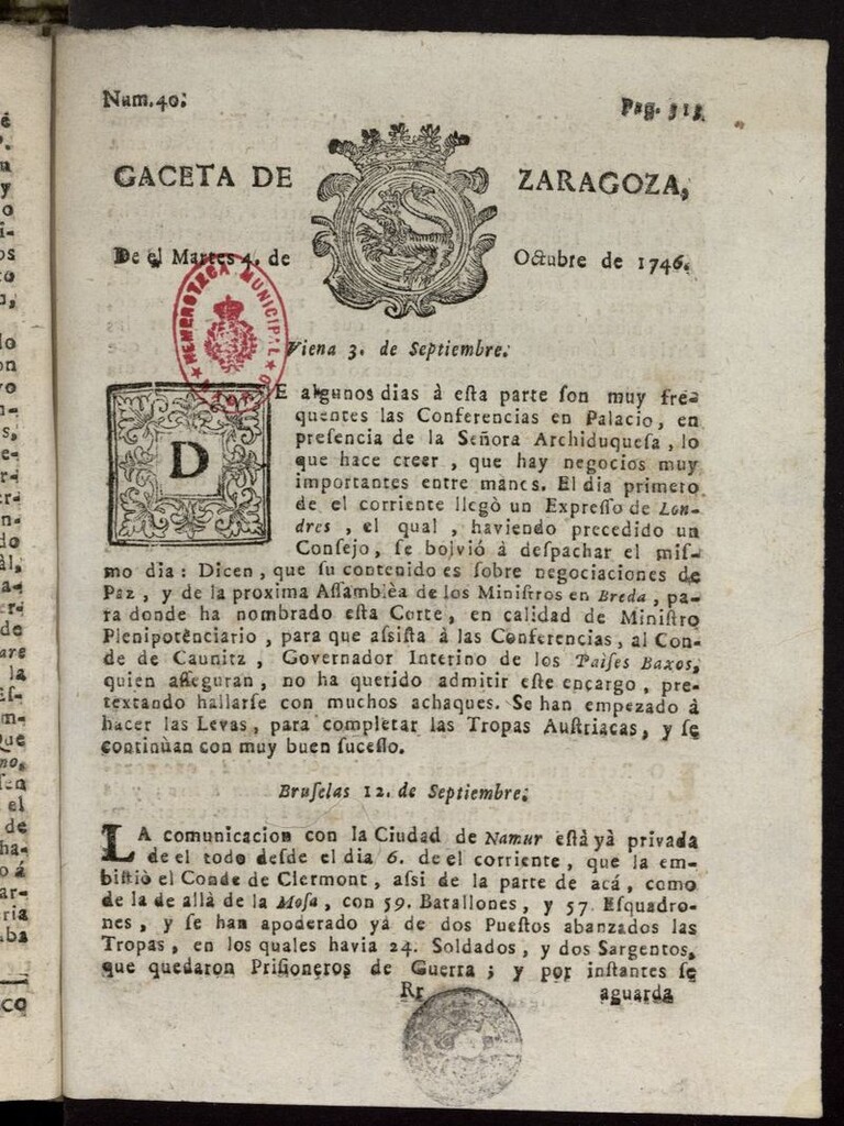 Miniatura de Gazeta de Zaragoza del 4 de octubre de 1746