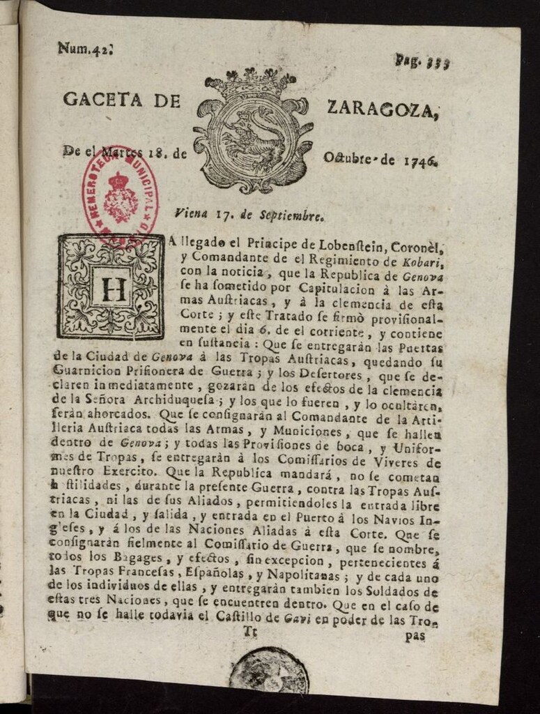 Miniatura de Gazeta de Zaragoza del 18 de octubre de 1746