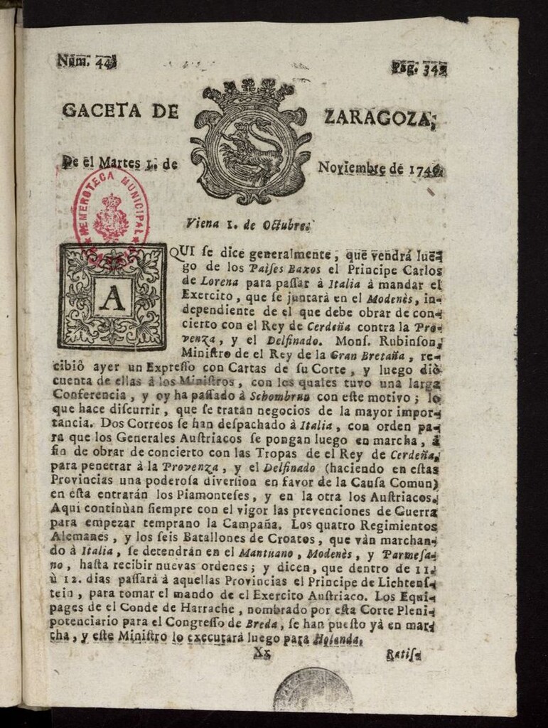 Miniatura de Gazeta de Zaragoza del 1 de noviembre de 1746