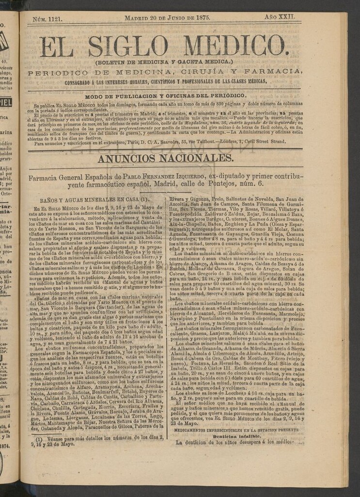 Miniatura de El Siglo Médico: boletín de medicina y gaceta médica del 20 de junio de 1875