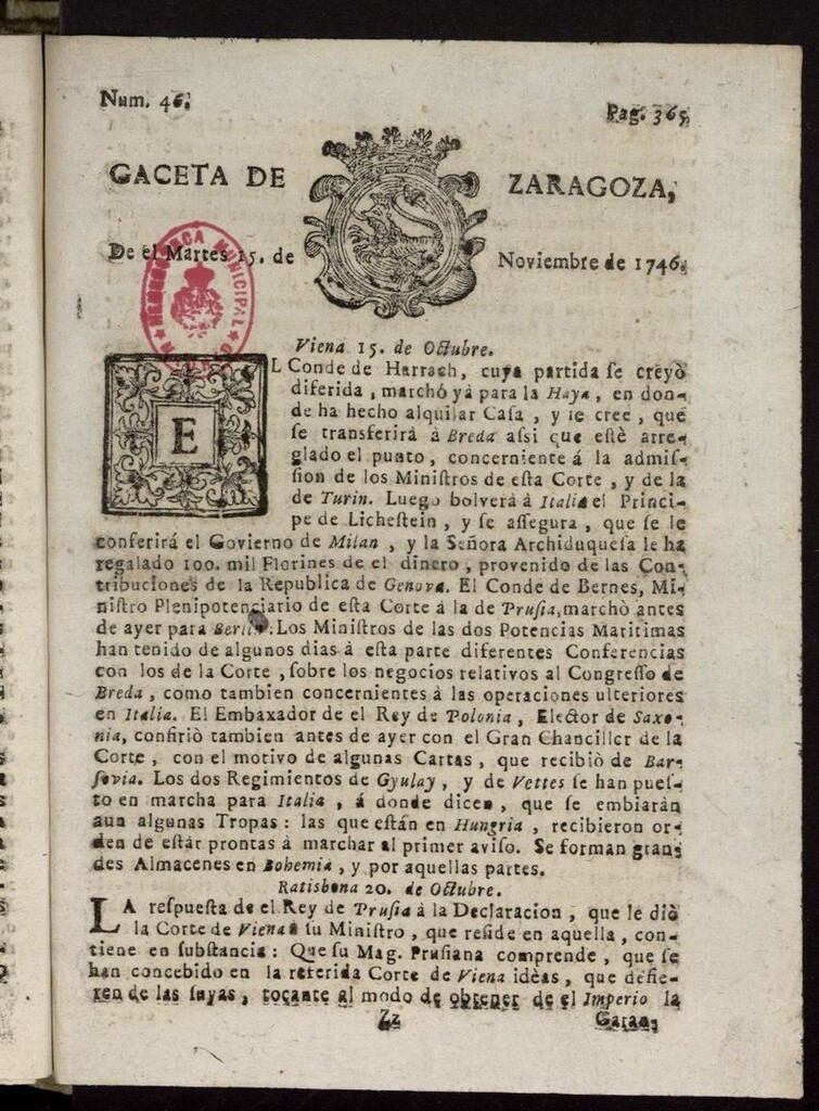 Miniatura de Gazeta de Zaragoza del 15 de noviembre de 1746