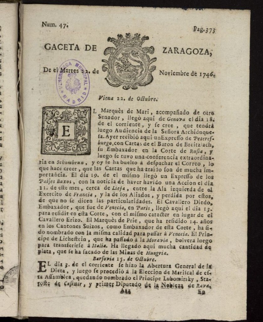 Miniatura de Gazeta de Zaragoza del 22 de noviembre de 1746