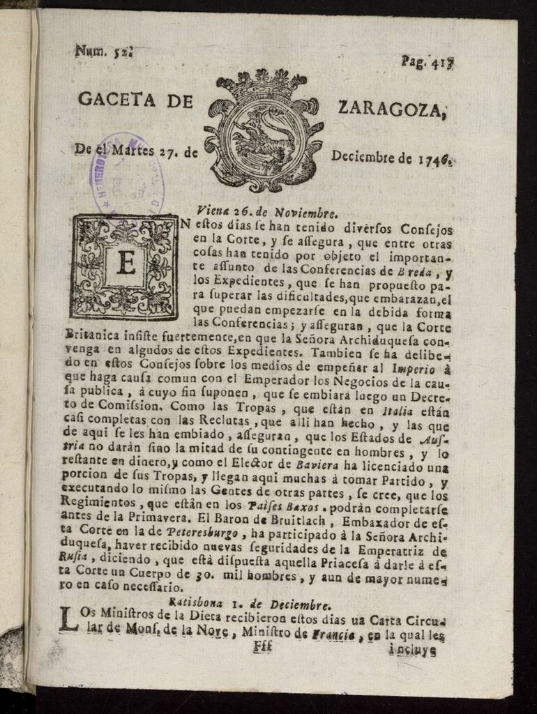 Miniatura de Gazeta de Zaragoza del 27 de diciembre de 1746
