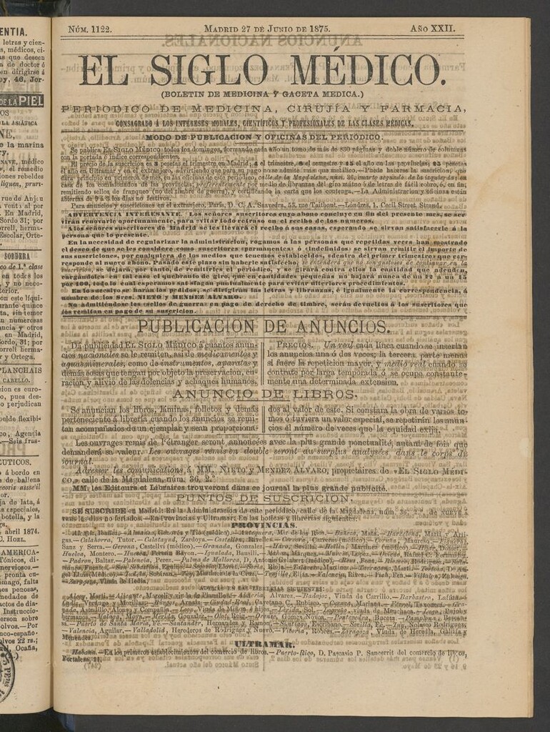 Miniatura de El Siglo Médico: boletín de medicina y gaceta médica del 27 de junio de 1875