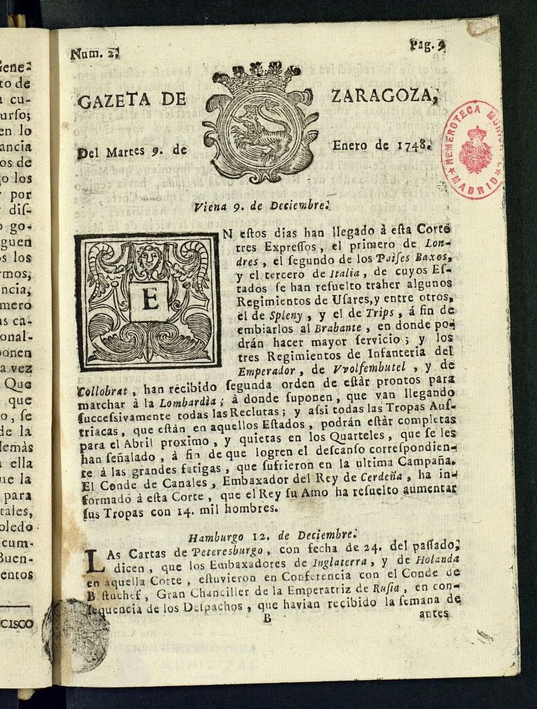 Miniatura de Gazeta de Zaragoza del 9 de enero de 1748