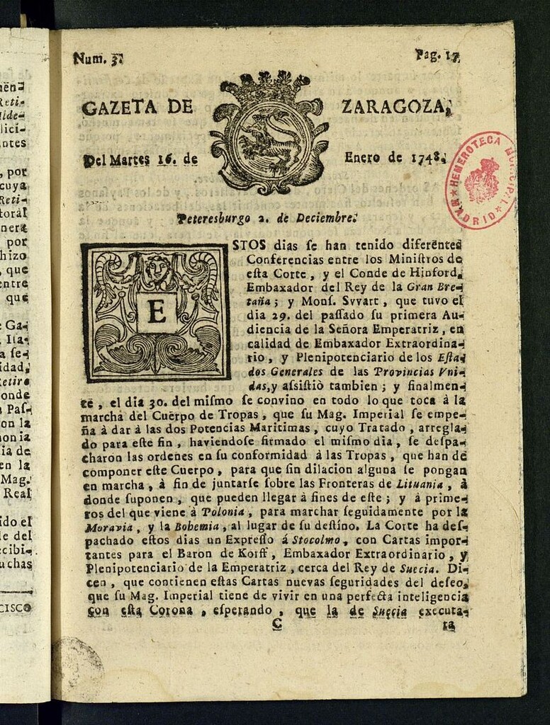 Miniatura de Gazeta de Zaragoza del 16 de enero de 1748