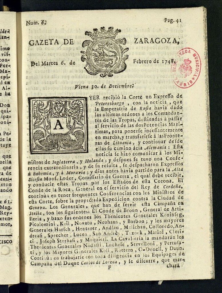 Miniatura de Gazeta de Zaragoza del 6 de febrero de 1748