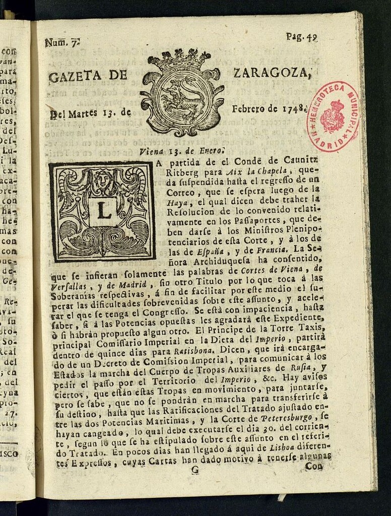 Miniatura de Gazeta de Zaragoza del 13 de febrero de 1748
