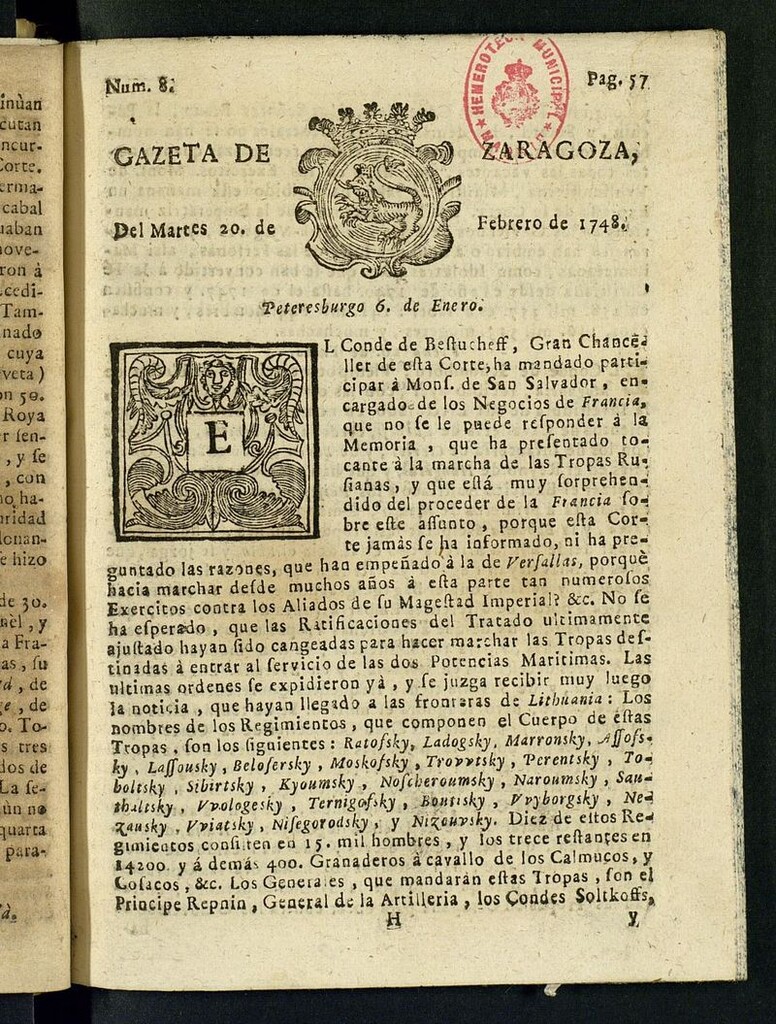 Miniatura de Gazeta de Zaragoza del 20 de febrero de 1748