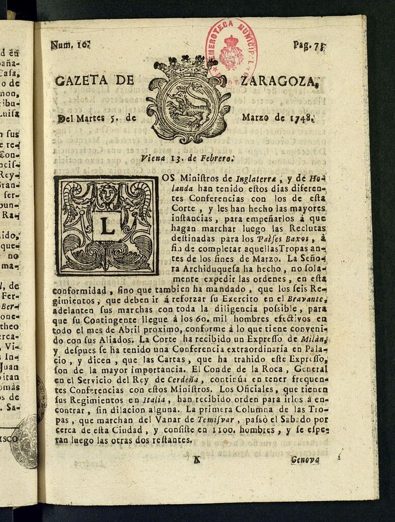 Miniatura de Gazeta de Zaragoza del 5 de marzo de 1748