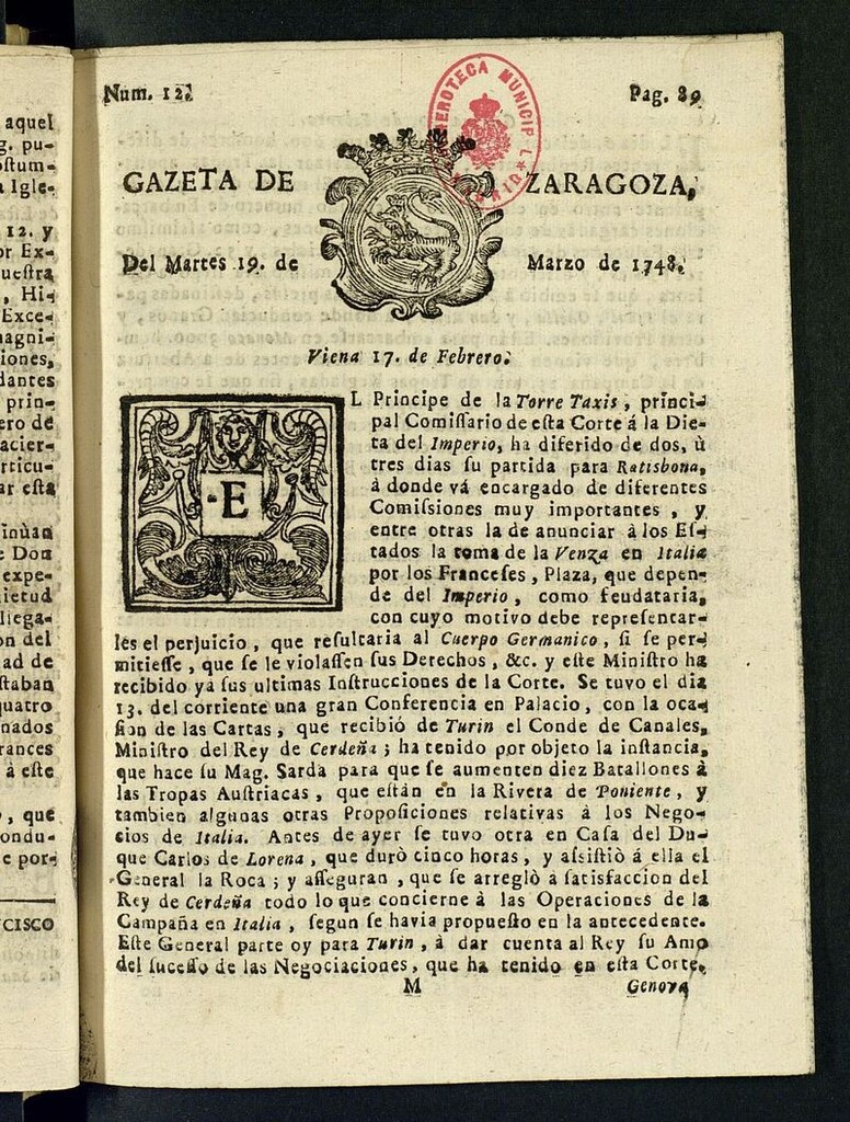 Miniatura de Gazeta de Zaragoza del 19 de marzo de 1748