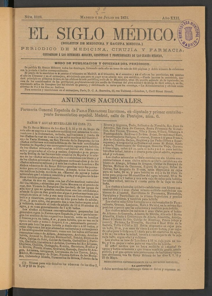 Miniatura de El Siglo Médico: boletín de medicina y gaceta médica del 4 de julio de 1875