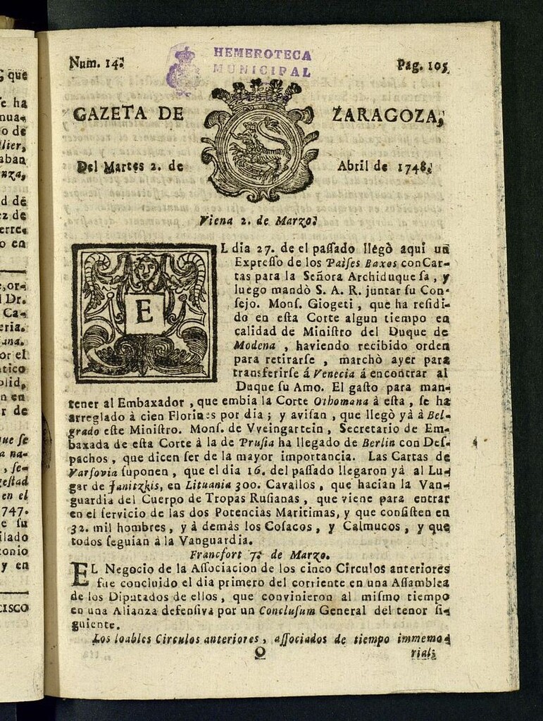 Miniatura de Gazeta de Zaragoza del 2 de abril de 1748