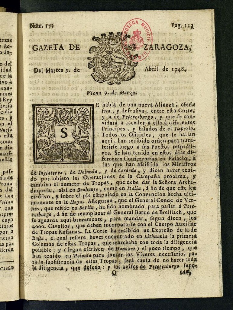 Miniatura de Gazeta de Zaragoza del 9 de abril de 1748