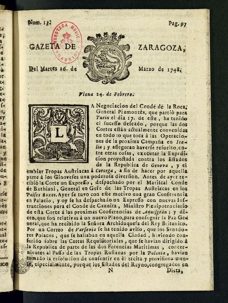 Miniatura de Gazeta de Zaragoza del 26 de marzo de 1748