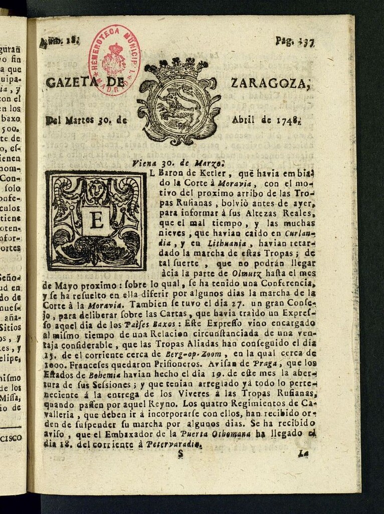 Miniatura de Gazeta de Zaragoza del 30 de abril de 1748