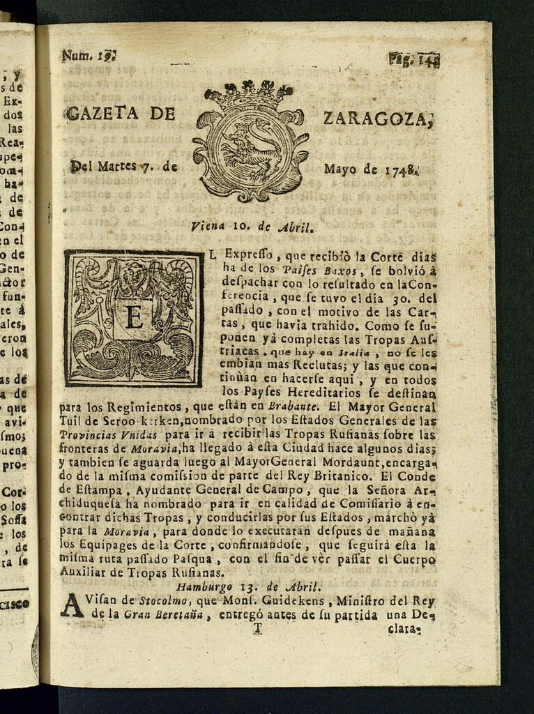 Miniatura de Gazeta de Zaragoza del 7 de mayo de 1748