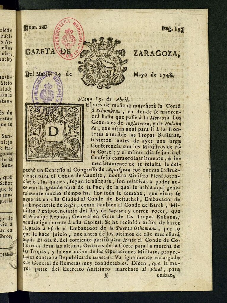 Miniatura de Gazeta de Zaragoza del 14 de mayo de 1748