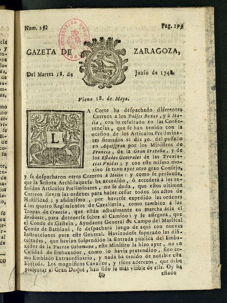 Miniatura de Gazeta de Zaragoza del 18 de junio de 1748