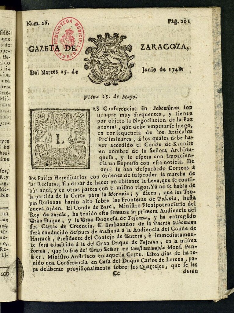 Miniatura de Gazeta de Zaragoza del 25 de junio de 1748