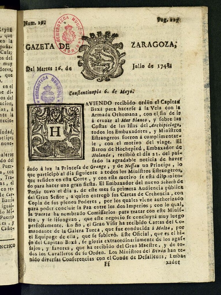 Miniatura de Gazeta de Zaragoza del 16 de julio de 1748