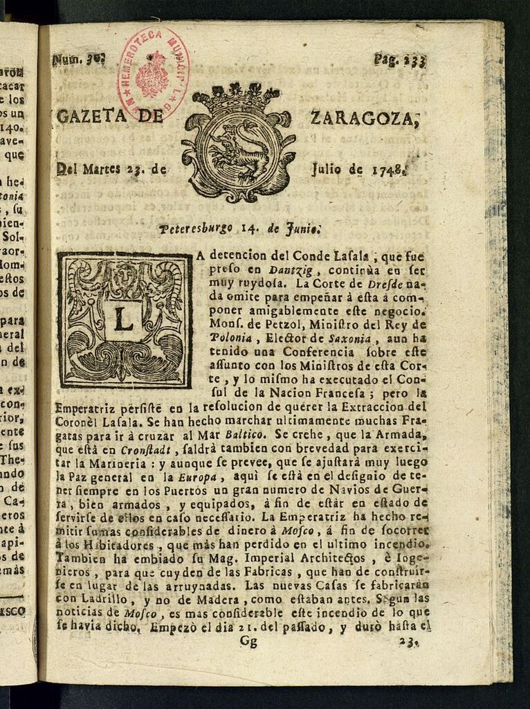 Miniatura de Gazeta de Zaragoza del 23 de julio de 1748