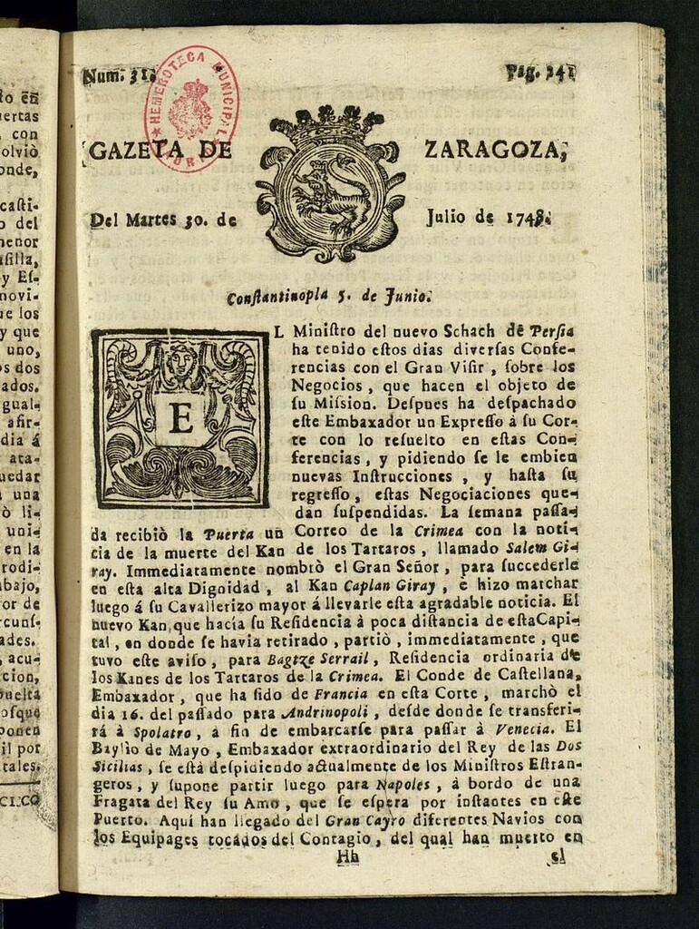 Miniatura de Gazeta de Zaragoza del 30 de julio de 1748